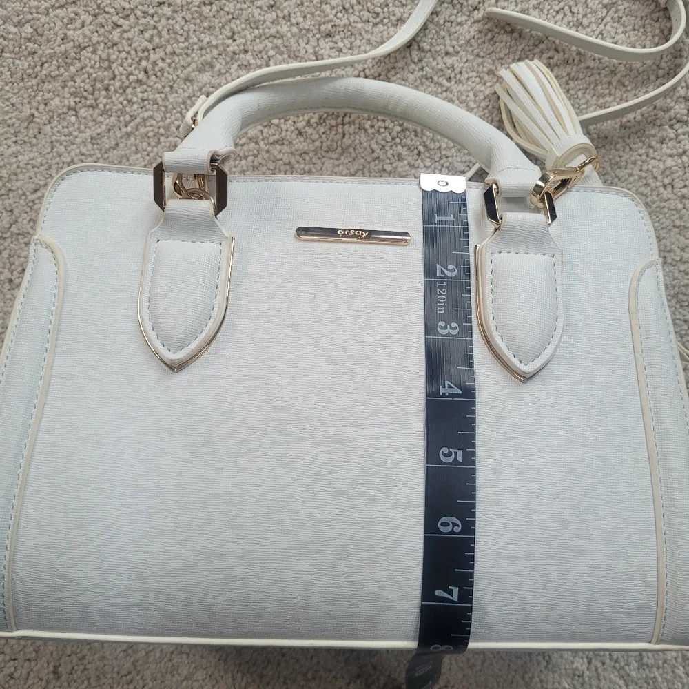 Chic White Faux Saffiano Leather Satchel with Gold Hardware & Tassle